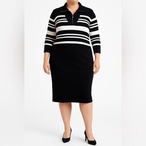 Cato Sweater Dress Size 22/24W Black White Striped Zip Collar Midi Soft Knit